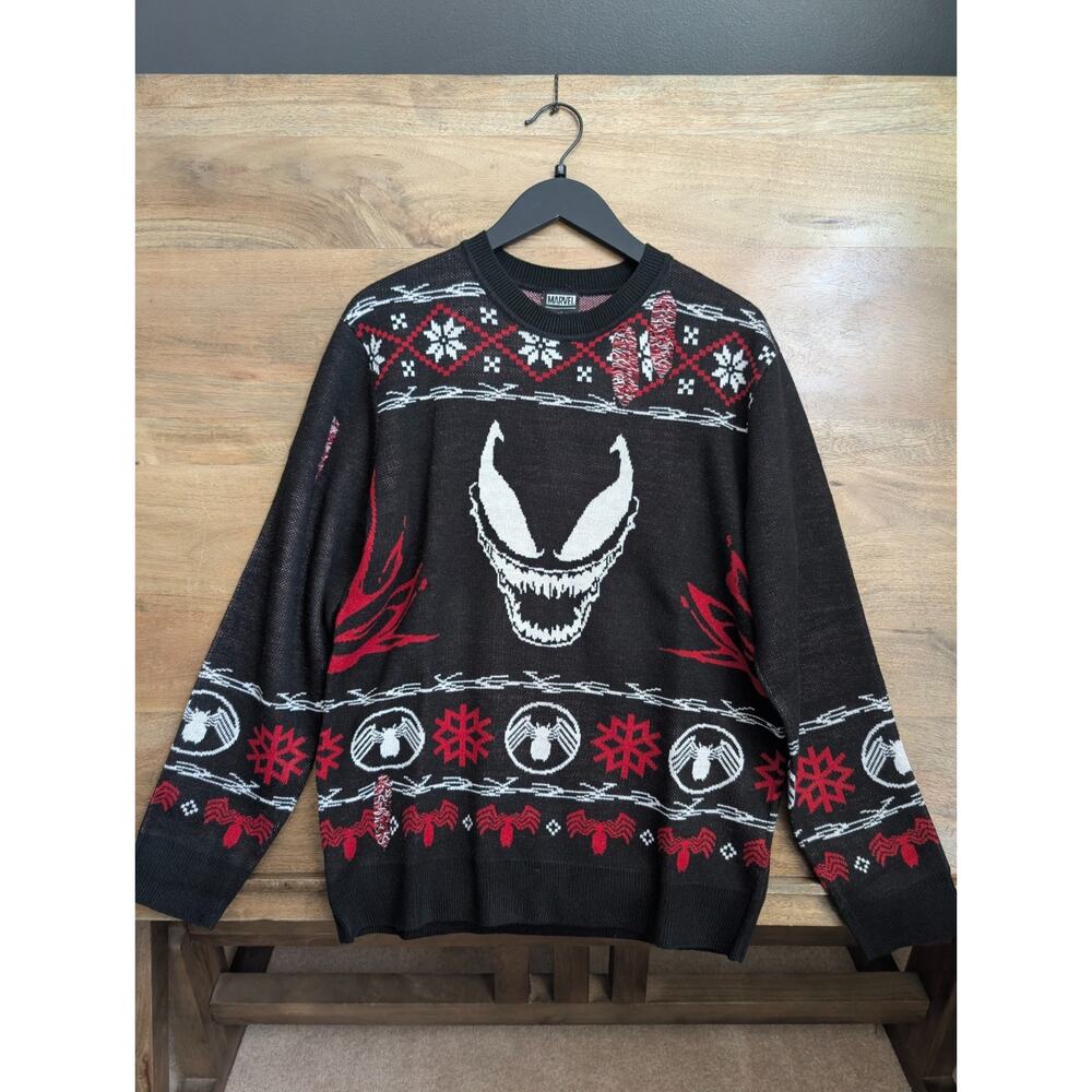 Marvel Our Universe Venom Distressed Knit Sweater Mens M Black Fair Isle Holiday